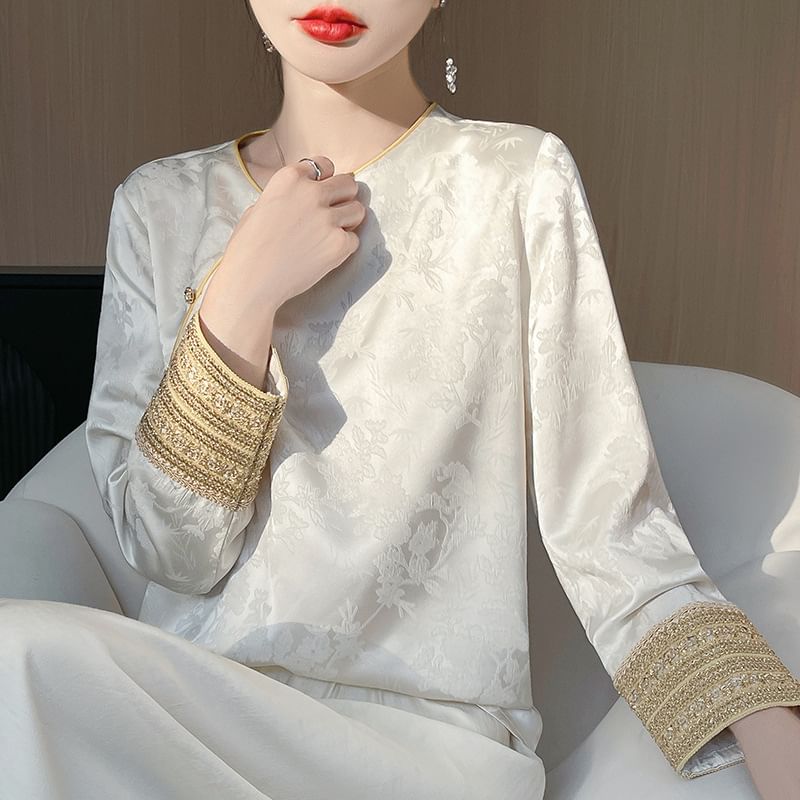 Traditional Chinese Long-Sleeve Asymmetrical Print Top