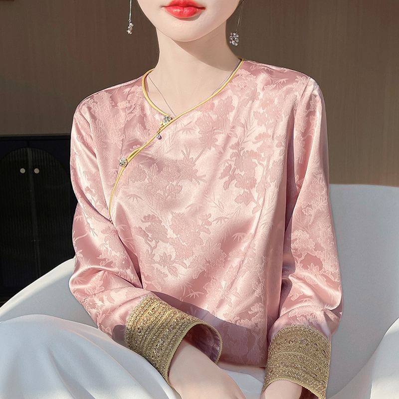 Traditional Chinese Long-Sleeve Asymmetrical Print Top