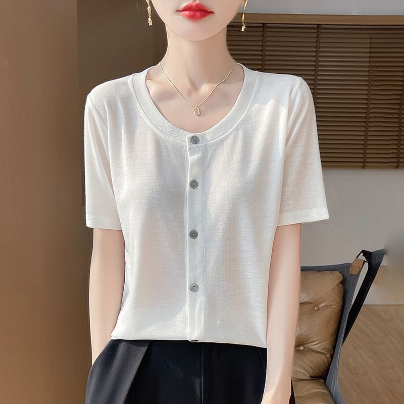 Short-Sleeve Crew Neck Button-Up Plain Cardigan