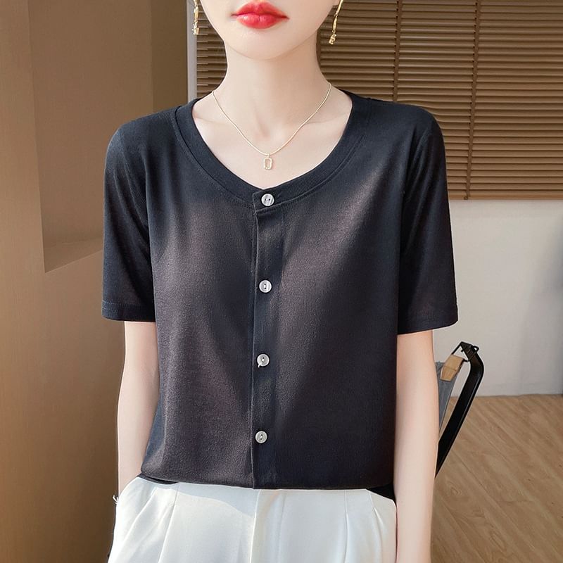 Short-Sleeve Crew Neck Button-Up Plain Cardigan