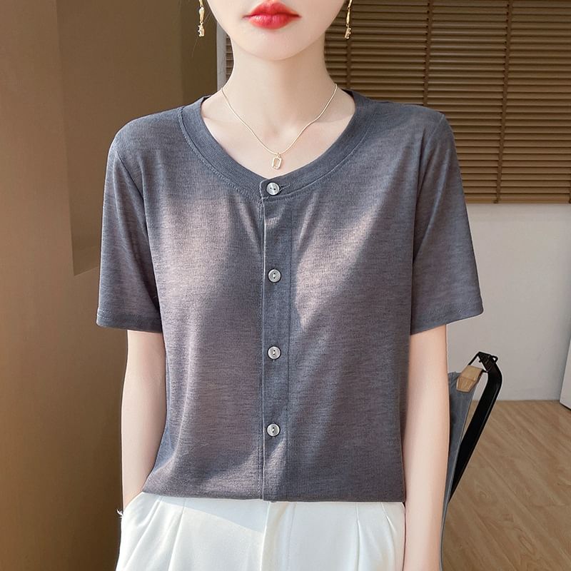 Short-Sleeve Crew Neck Button-Up Plain Cardigan
