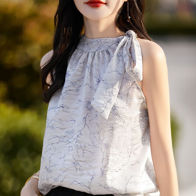 Halter Neck Floral Print Satin Blouse