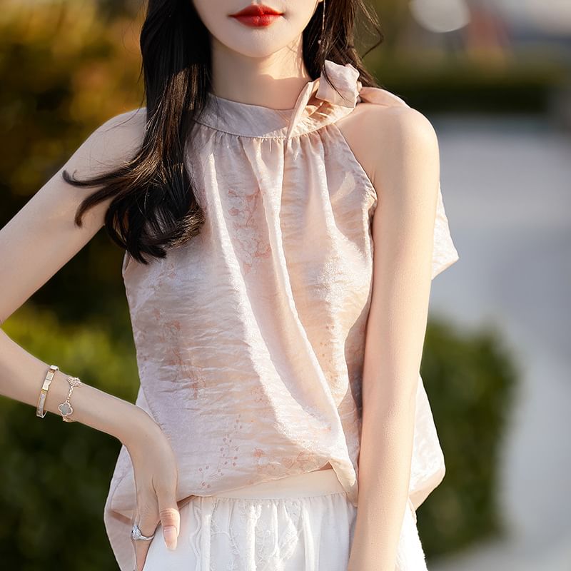 Halter Neck Floral Print Satin Blouse