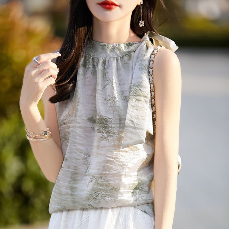 Halter Neck Floral Print Satin Blouse