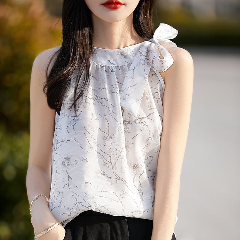 Halter Neck Floral Print Satin Blouse