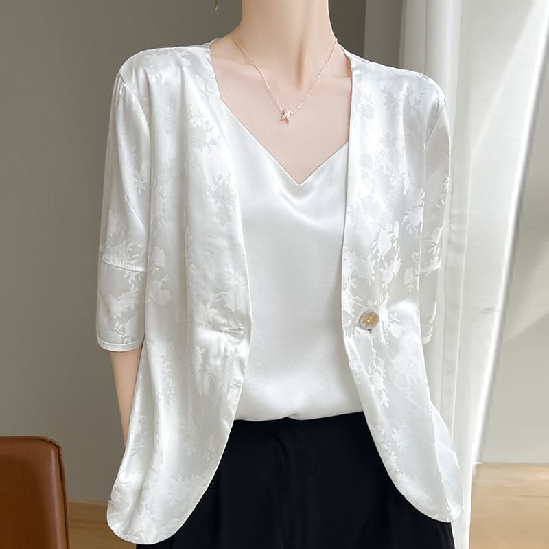 Elbow-Sleeve V-Neck Floral Jacquard One-Buttoned Satin Jacket