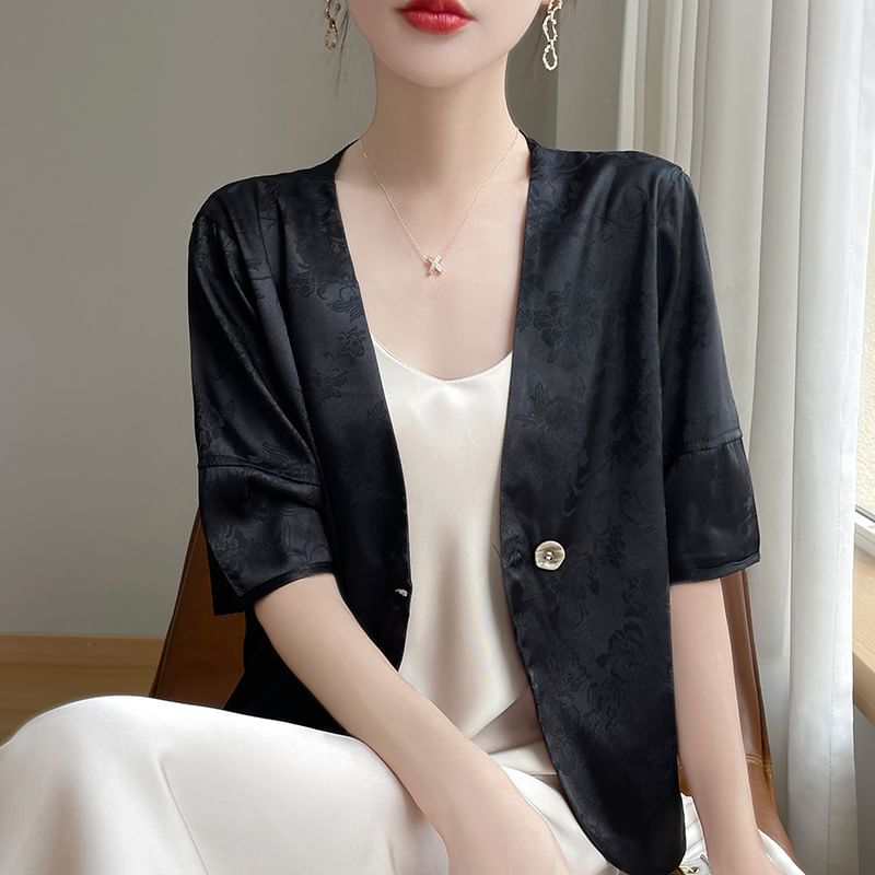 Elbow-Sleeve V-Neck Floral Jacquard One-Buttoned Satin Jacket