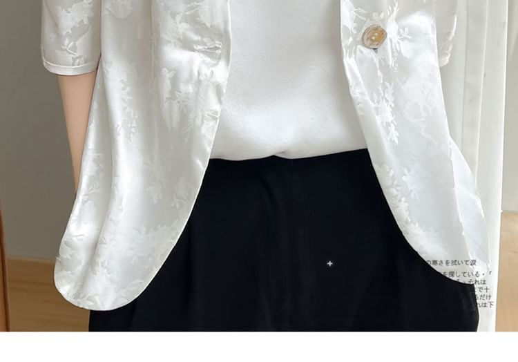 Elbow-Sleeve V-Neck Floral Jacquard One-Buttoned Satin Jacket