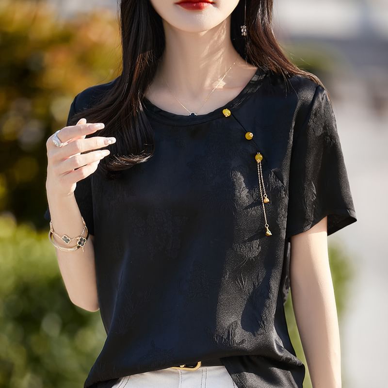 Short-Sleeve Round Neck Floral Jacquard Fringed Satin T-Shirt