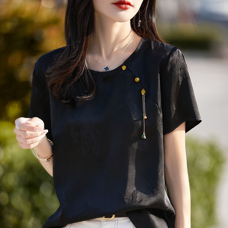 Short-Sleeve Round Neck Floral Jacquard Fringed Satin T-Shirt