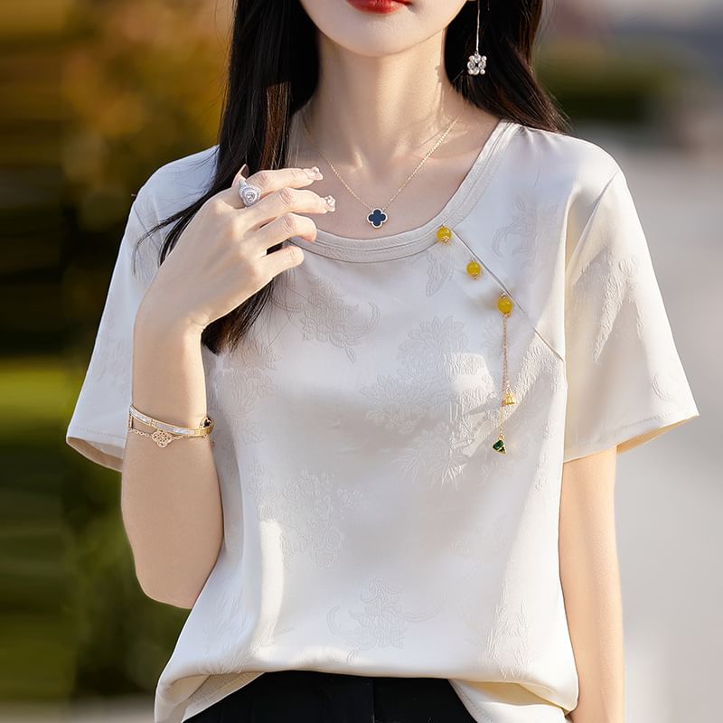 Short-Sleeve Round Neck Floral Jacquard Fringed Satin T-Shirt