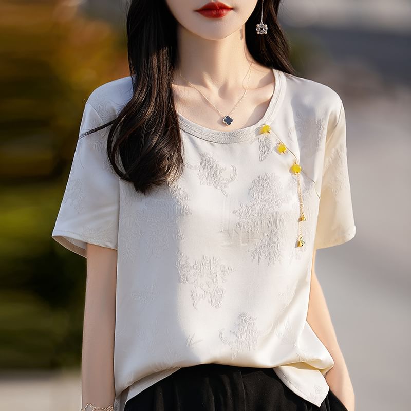 Short-Sleeve Round Neck Floral Jacquard Fringed Satin T-Shirt