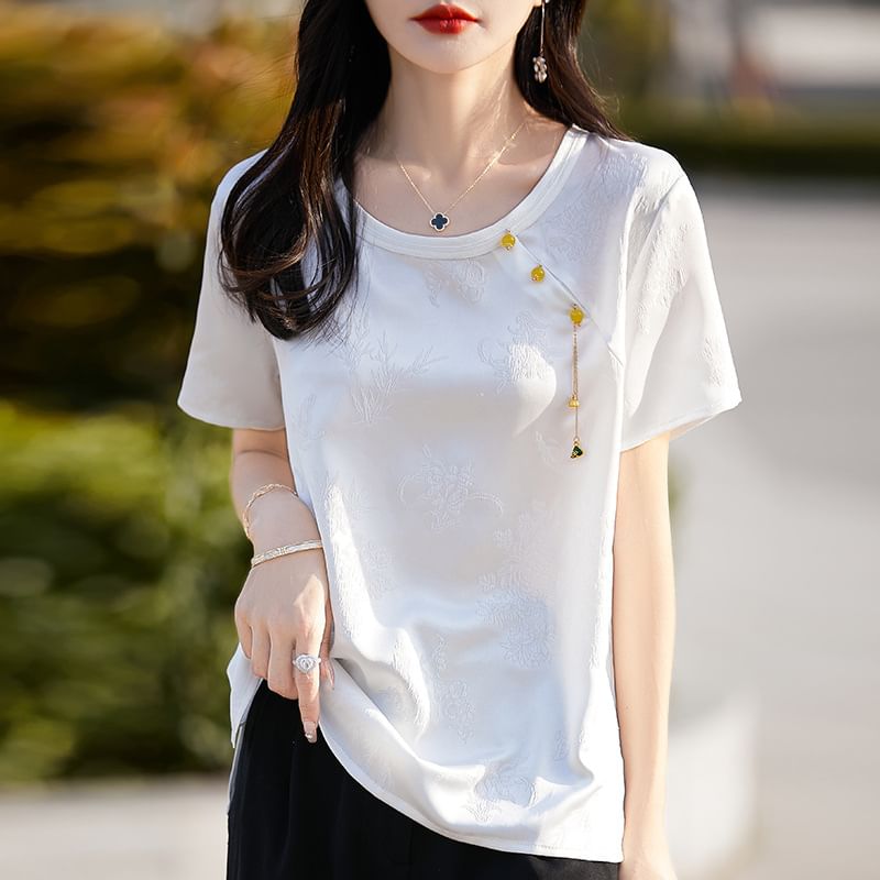 Short-Sleeve Round Neck Floral Jacquard Fringed Satin T-Shirt