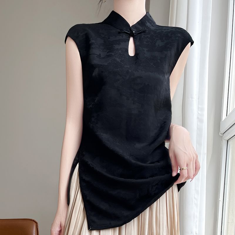 Cap-Sleeve Stand Collar Floral Jacquard Asymmetrical Slit Satin Blouse