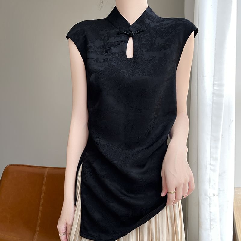 Cap-Sleeve Stand Collar Floral Jacquard Asymmetrical Slit Satin Blouse