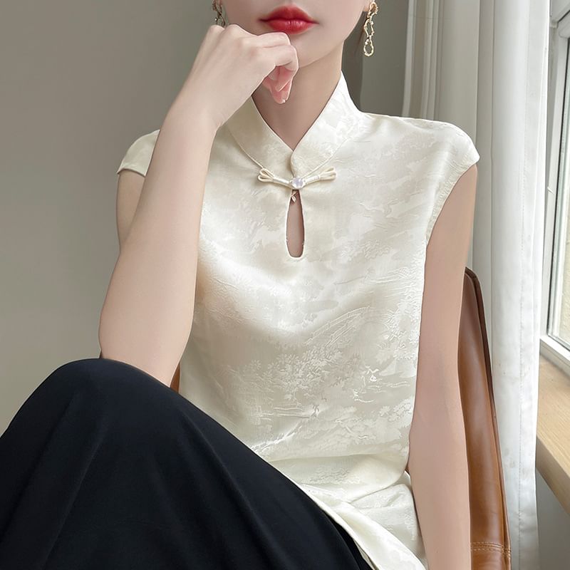 Cap-Sleeve Stand Collar Floral Jacquard Asymmetrical Slit Satin Blouse