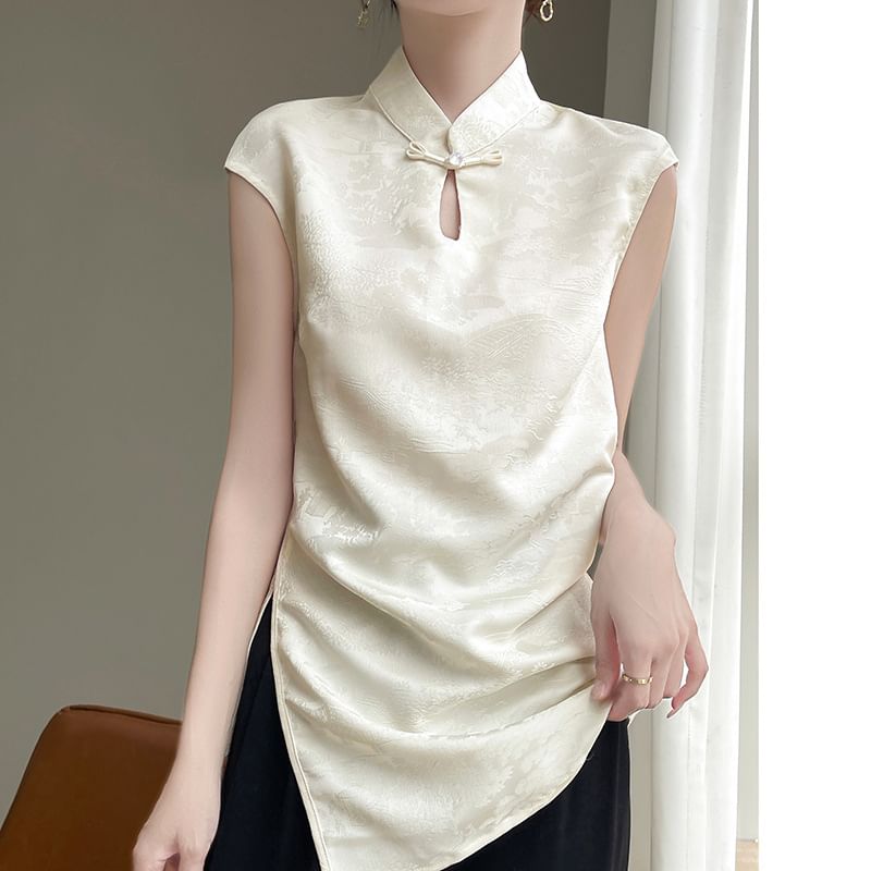 Cap-Sleeve Stand Collar Floral Jacquard Asymmetrical Slit Satin Blouse