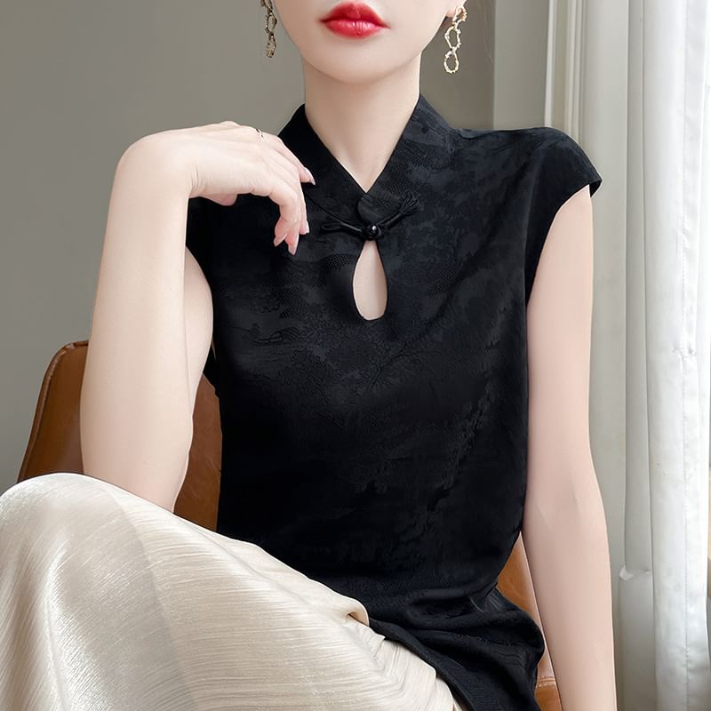 Cap-Sleeve Stand Collar Floral Jacquard Asymmetrical Slit Satin Blouse