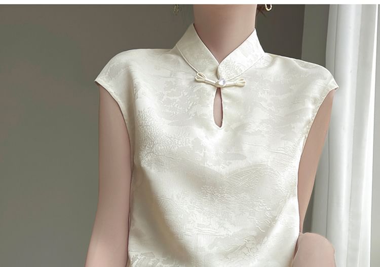 Cap-Sleeve Stand Collar Floral Jacquard Asymmetrical Slit Satin Blouse