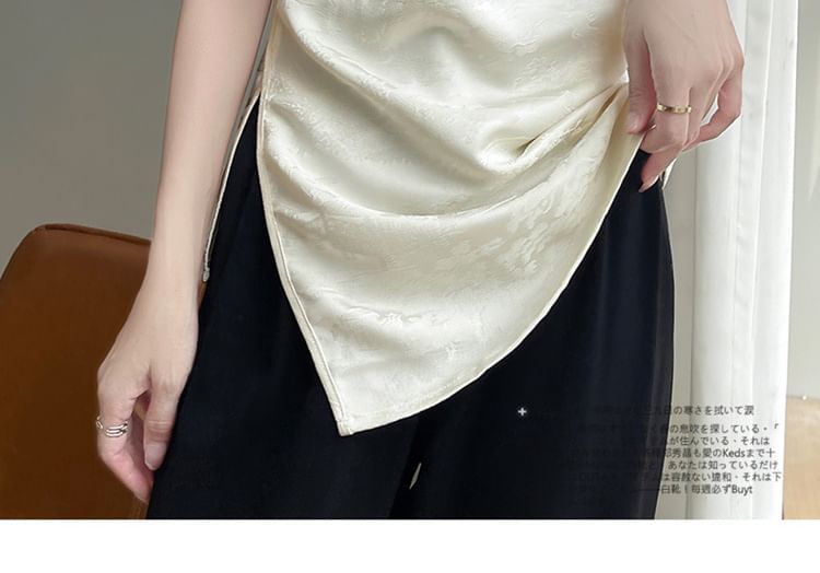 Cap-Sleeve Stand Collar Floral Jacquard Asymmetrical Slit Satin Blouse