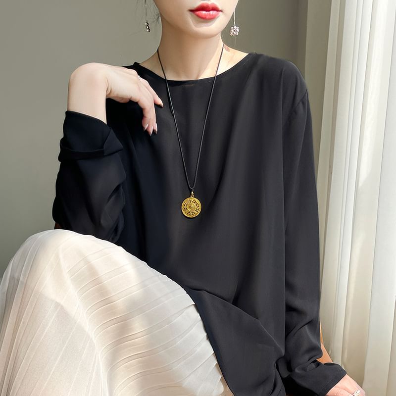 Set: Long-Sleeve Round Neck Plain Asymmetrical Tee + String Belt