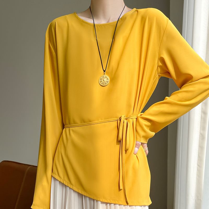 Set: Long-Sleeve Round Neck Plain Asymmetrical Tee + String Belt