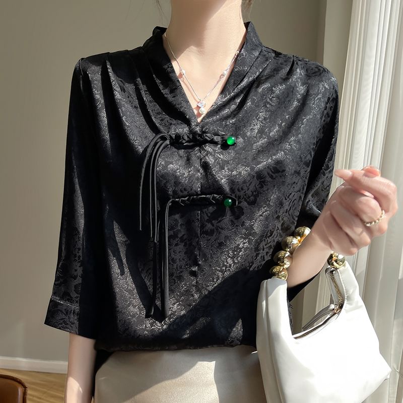 3/4-Sleeve V-Neck Floral Jacquard Frog Buttoned Satin Blouse