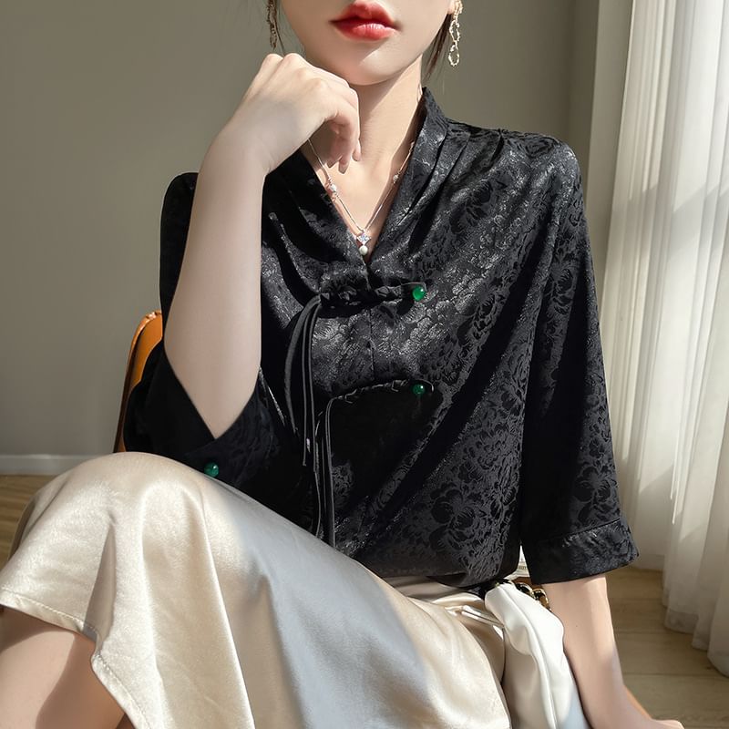 3/4-Sleeve V-Neck Floral Jacquard Frog Buttoned Satin Blouse