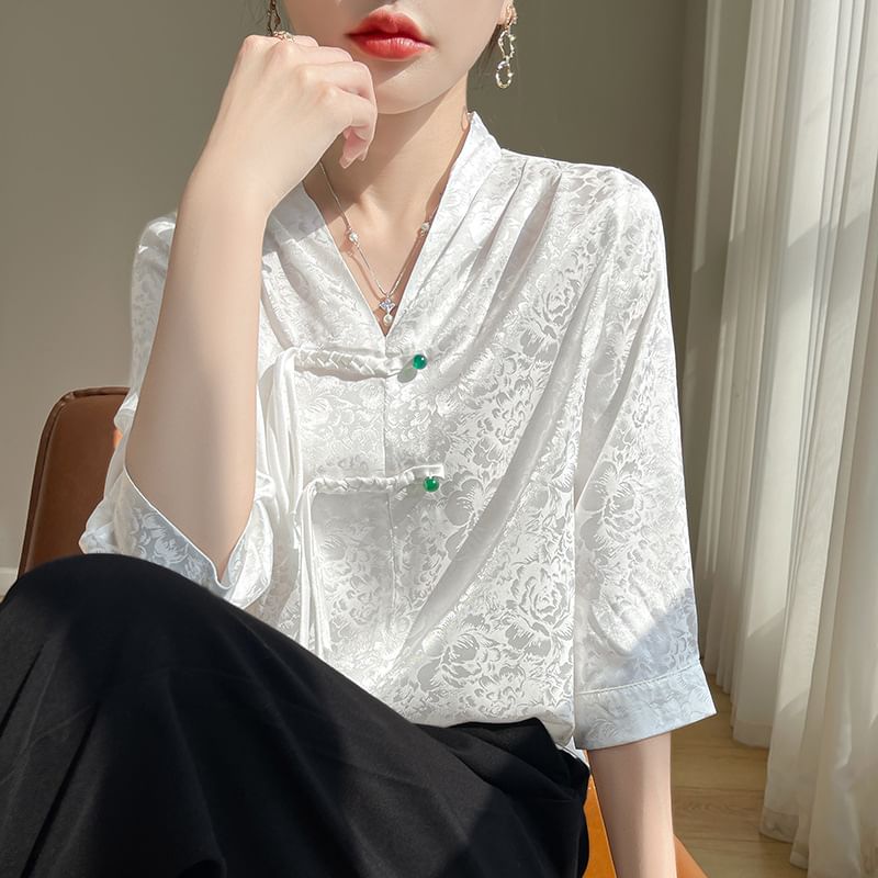 3/4-Sleeve V-Neck Floral Jacquard Frog Buttoned Satin Blouse