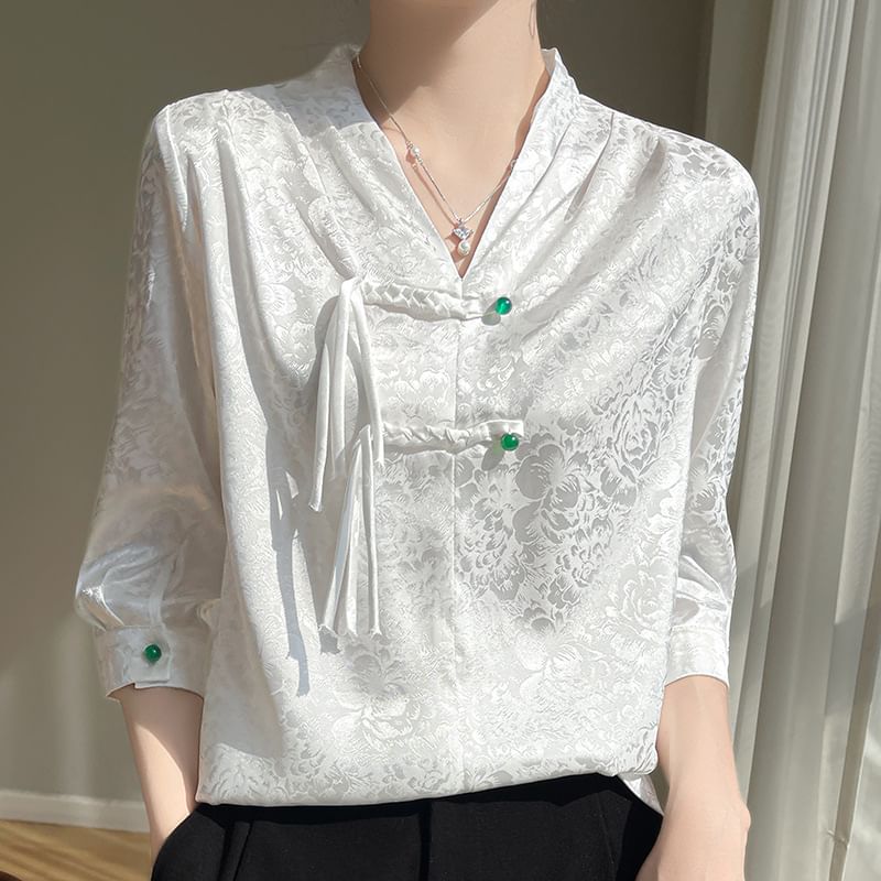 3/4-Sleeve V-Neck Floral Jacquard Frog Buttoned Satin Blouse