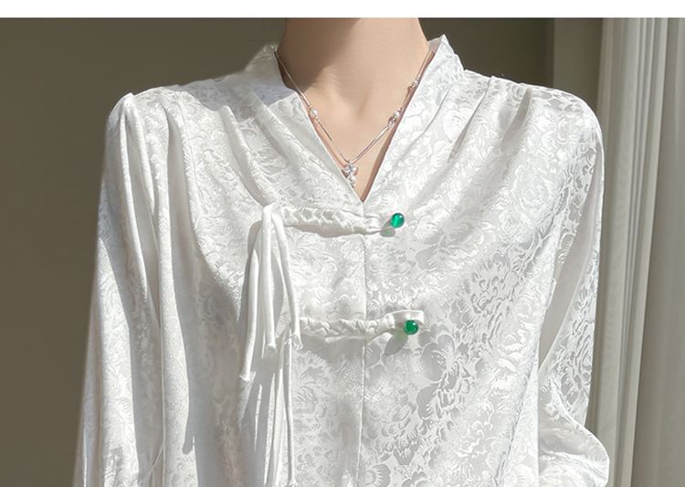 3/4-Sleeve V-Neck Floral Jacquard Frog Buttoned Satin Blouse