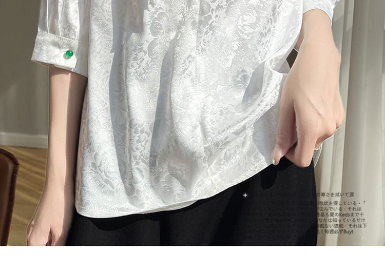 3/4-Sleeve V-Neck Floral Jacquard Frog Buttoned Satin Blouse