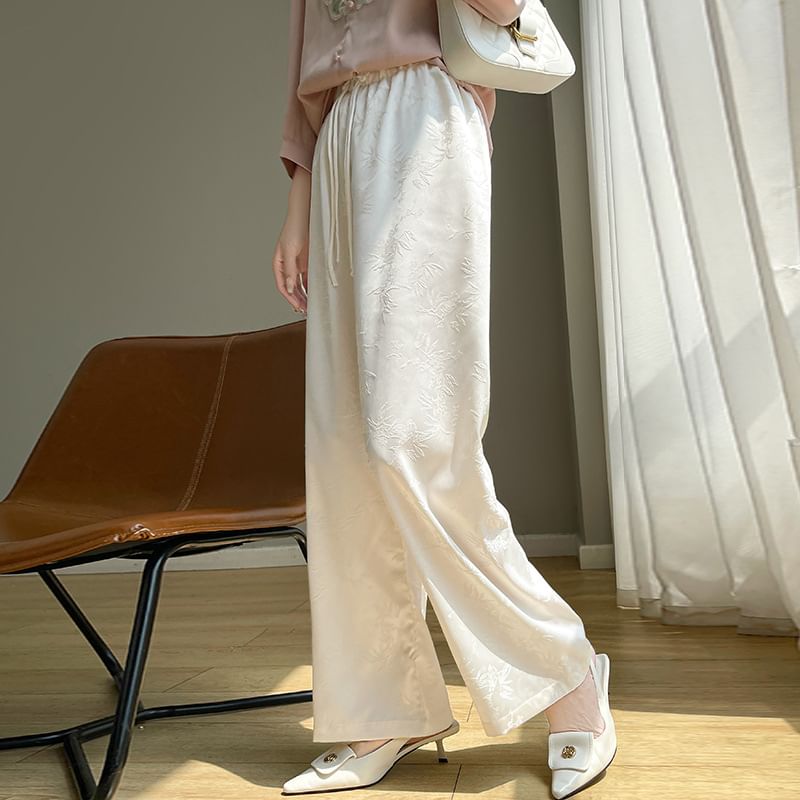 High Waist Jacquard Frog Buttoned Satin Loose Fit Pants