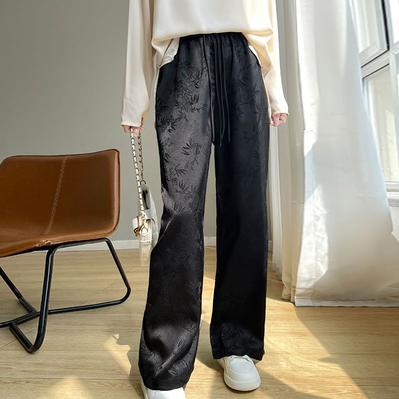 High Waist Jacquard Frog Buttoned Satin Loose Fit Pants