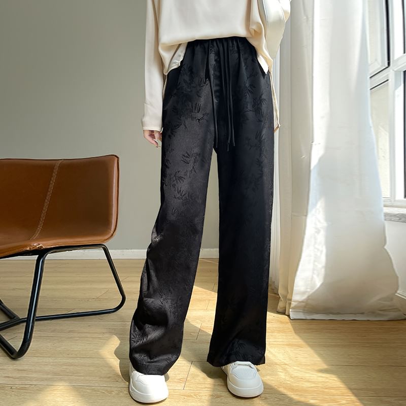 High Waist Jacquard Frog Buttoned Satin Loose Fit Pants