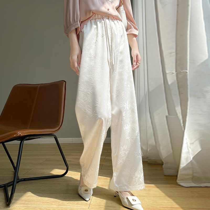 High Waist Jacquard Frog Buttoned Satin Loose Fit Pants
