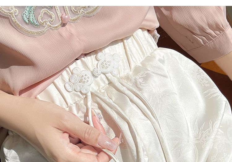 High Waist Jacquard Frog Buttoned Satin Loose Fit Pants