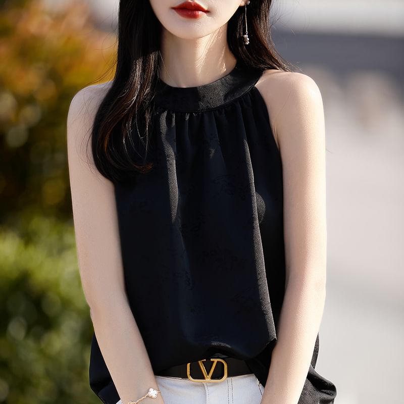 Halter Neck Jacquard Satin Blouse