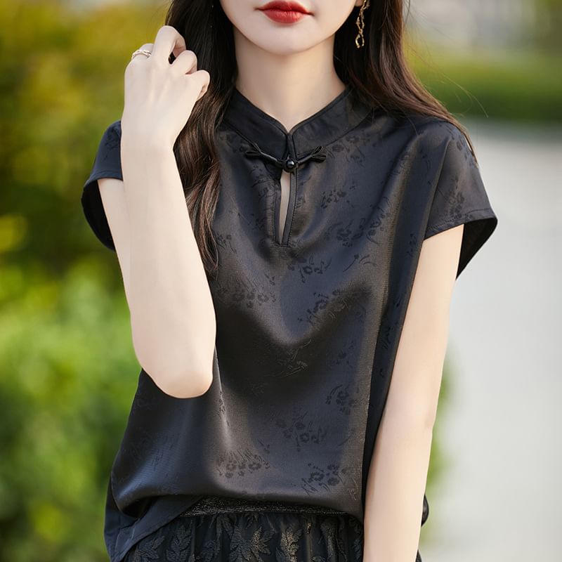 Cap-Sleeve Stand Collar Floral Jacquard Frog Buttoned Satin Blouse