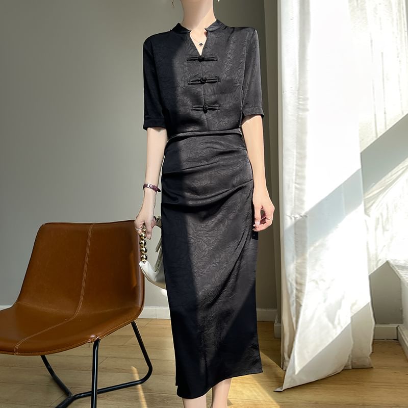 Elbow-Sleeve Stand Collar Plain Frog Buttoned Satin Midi Sheath Dress