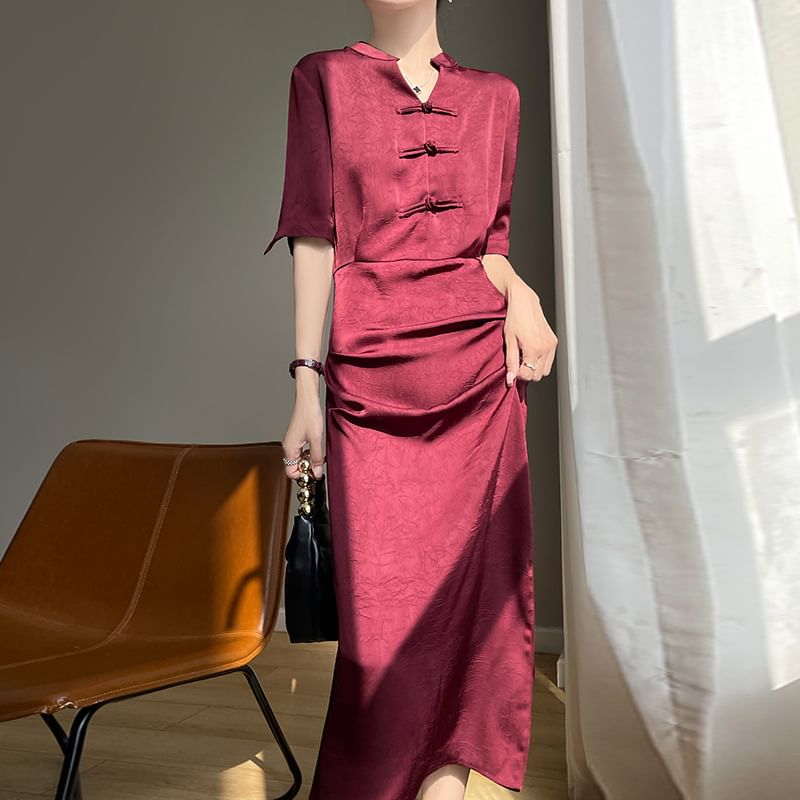 Elbow-Sleeve Stand Collar Plain Frog Buttoned Satin Midi Sheath Dress