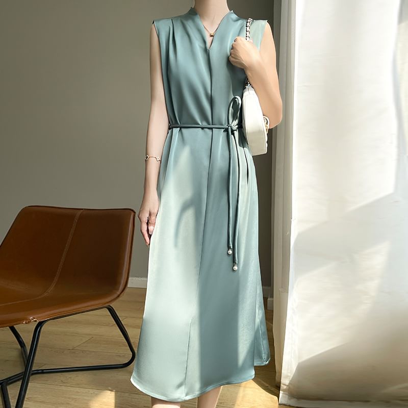 Sleeveless V-Neck Plain Tie Waist Satin Midi A-Line Dress