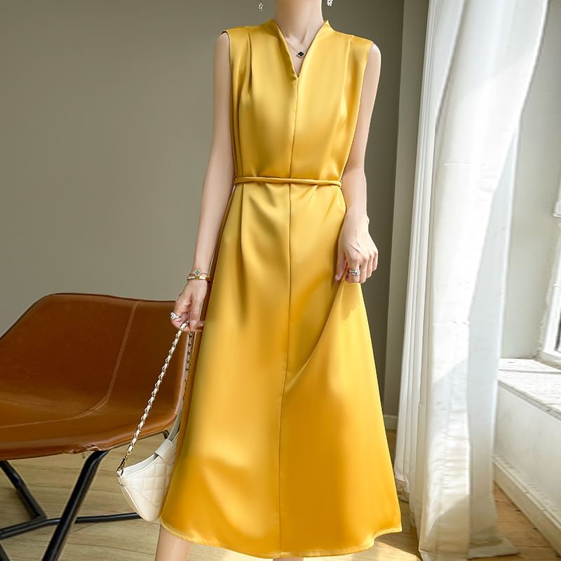 Sleeveless V-Neck Plain Tie Waist Satin Midi A-Line Dress