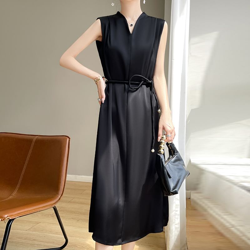 Sleeveless V-Neck Plain Tie Waist Satin Midi A-Line Dress