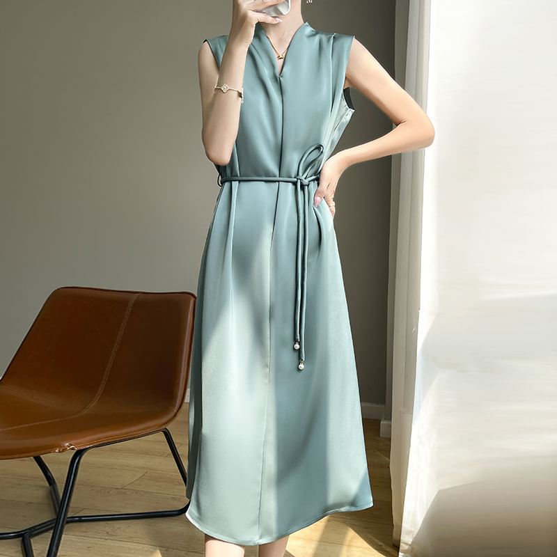 Sleeveless V-Neck Plain Tie Waist Satin Midi A-Line Dress