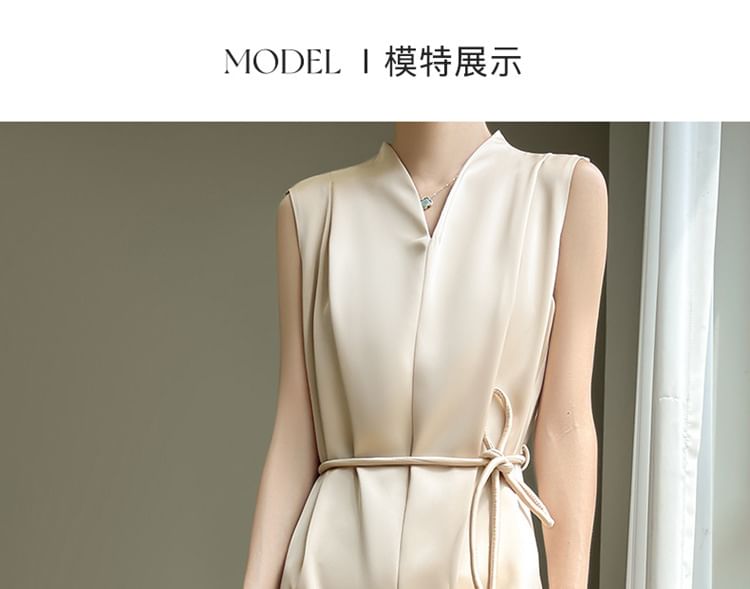 Sleeveless V-Neck Plain Tie Waist Satin Midi A-Line Dress