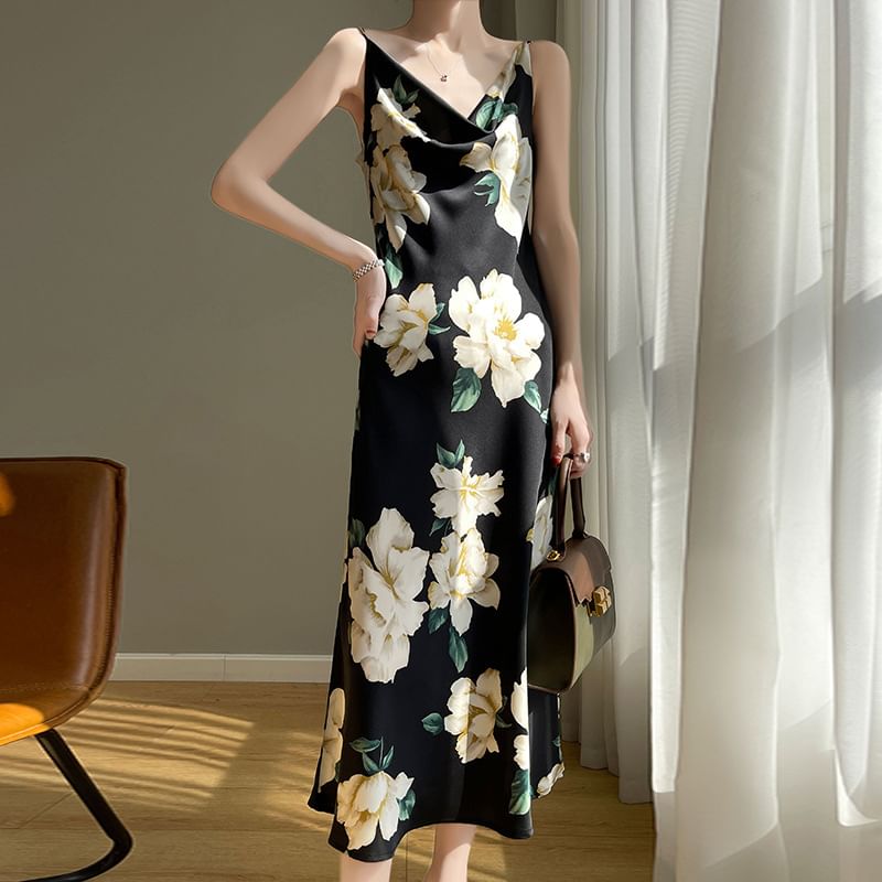 Spaghetti Strap Cowl Neck Floral Print Satin Midi A-Line Dress