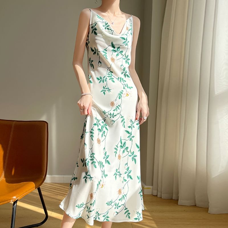 Spaghetti Strap Cowl Neck Floral Print Satin Midi A-Line Dress