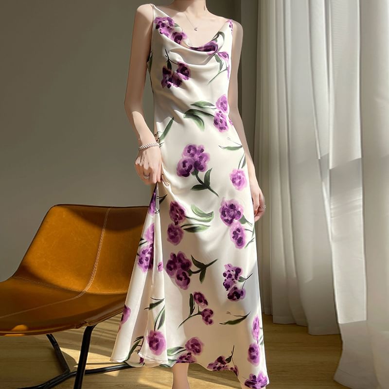 Spaghetti Strap Cowl Neck Floral Print Satin Midi A-Line Dress