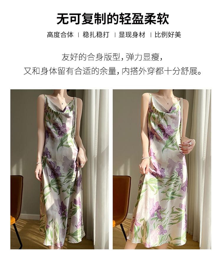 Spaghetti Strap Cowl Neck Floral Print Satin Midi A-Line Dress